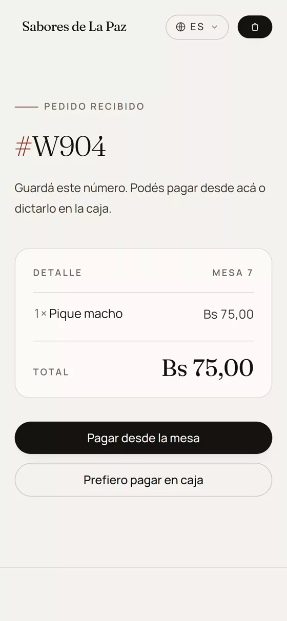 Pedido recibido número W904, con el detalle y los dos caminos de pago