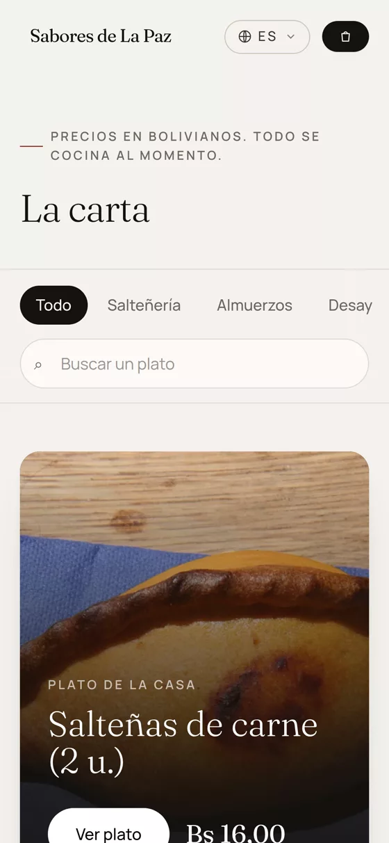 La carta con categorías, buscador y foto de cada plato