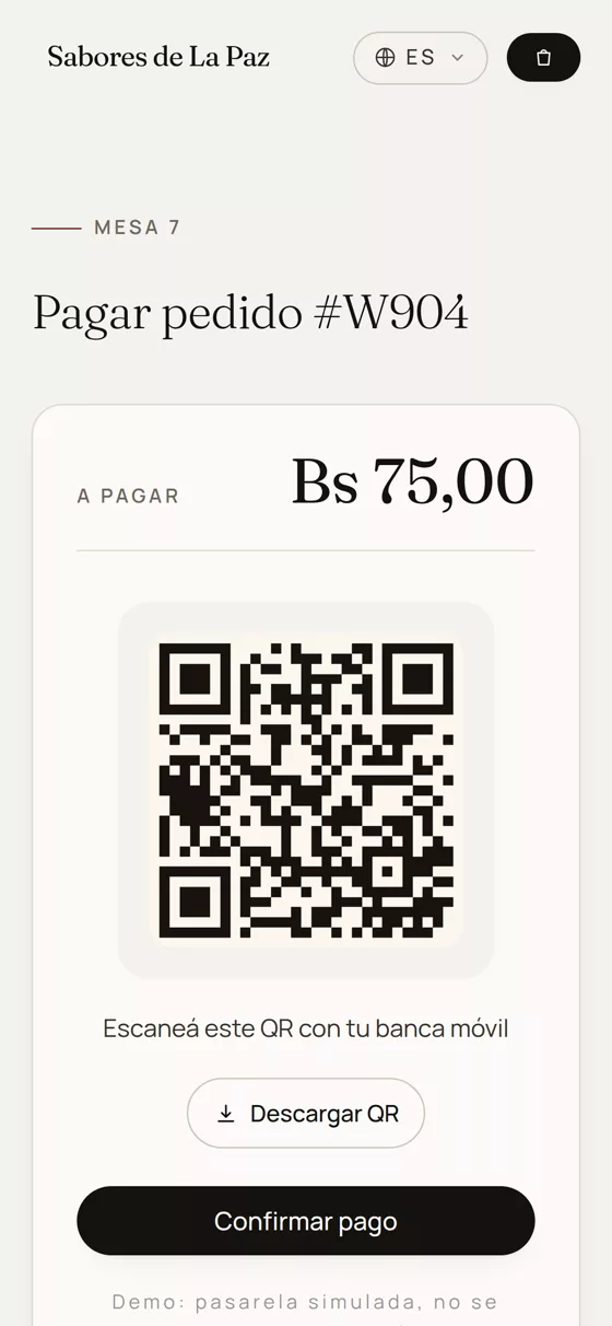 Pantalla de pago con QR para escanear con la banca móvil