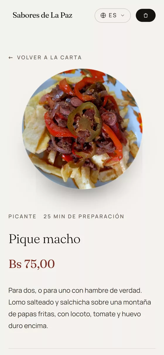 Detalle del pique macho con precio, tiempo de preparación e ingredientes