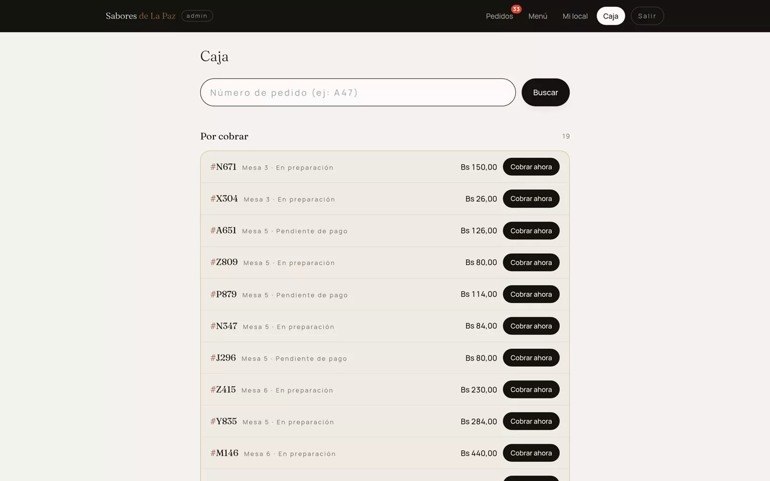 Pantalla de caja real, con búsqueda por número de pedido y lista de pendientes por cobrar