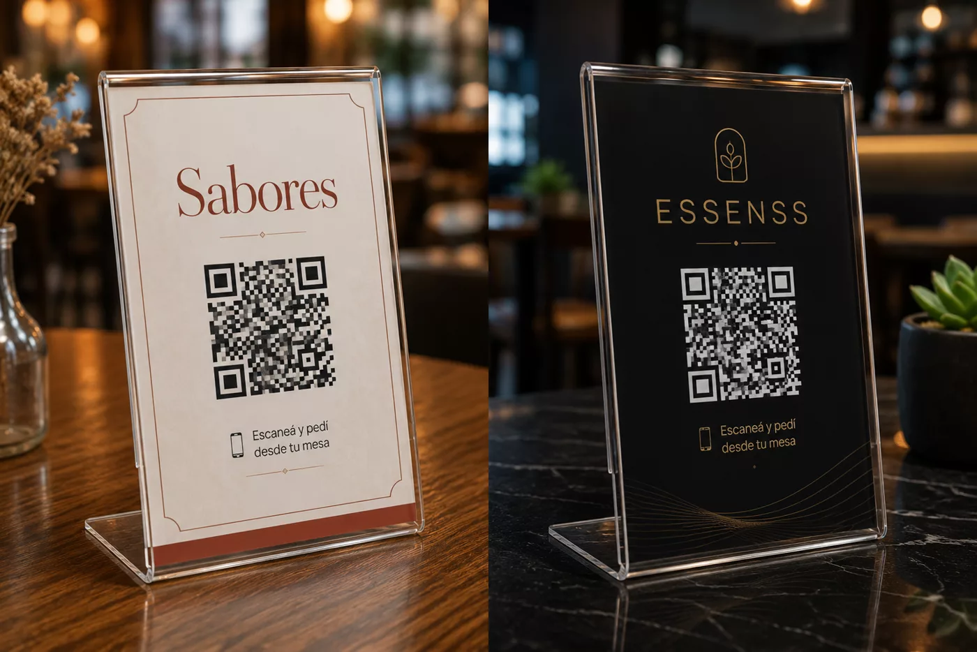 Dos soportes acrílicos sobre mesas de restaurante: el de Sabores en papel crema con el QR y el logotipo en terracota, el de Essenss en negro con el logotipo en dorado